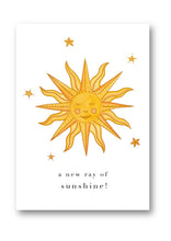 Load image into Gallery viewer, greetings card with watercolour and gold foil sun that says &#39;a new ray of sunshine&#39;
