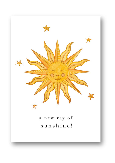 greetings card with watercolour and gold foil sun that says 'a new ray of sunshine'